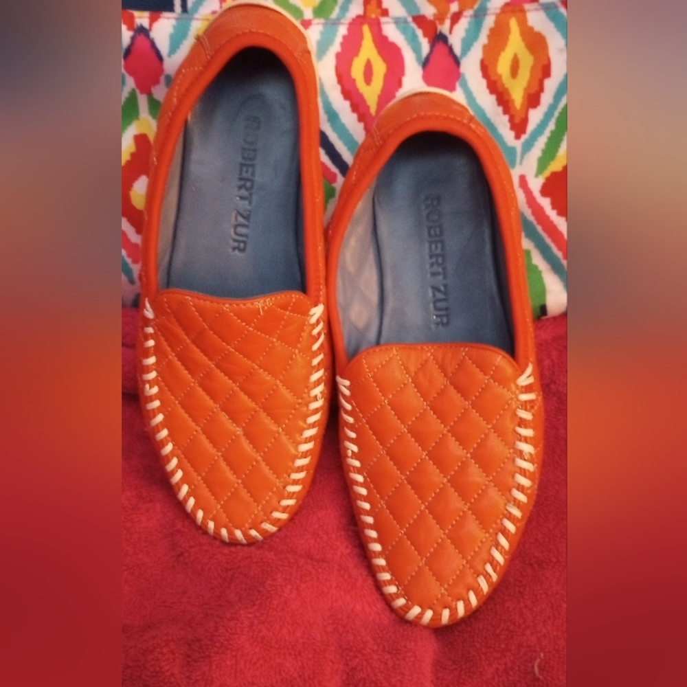 Robert Zur Size 7.5 Quana Orange Quilted Soft Leather Loafer Flat Driving Shoes